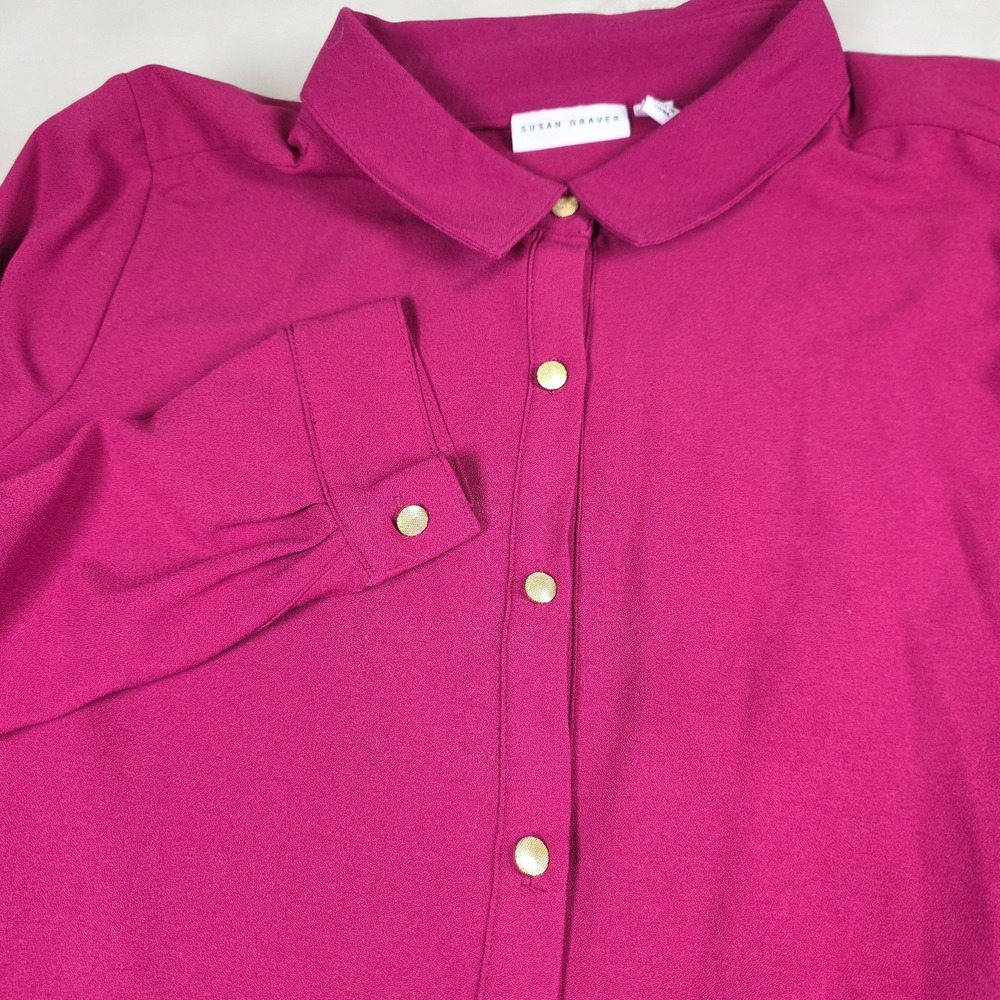 Susan Graver Shirt Womens 14 Magenta Pink Gold Button-Up Attached Capelet